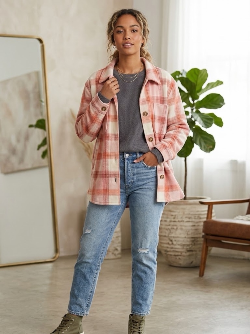 Old Navy Pink & Orange Plaid Shaket XL Plus 14-16.